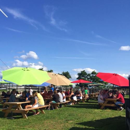 People sitting at picnic tables under colorful umbrellas in a sunny outdoor setting.