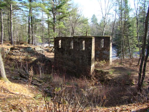 Abandoned stone structure surrounded by trees and underbrush near a river in a wooded area.