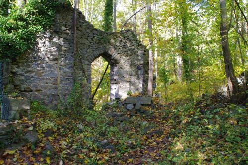 Ruins of a stone archway surrounded by trees and autumn foliage in a forested area.