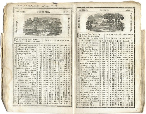 A vintage calendar page for February and March 1840, featuring illustrations and lunar phases.