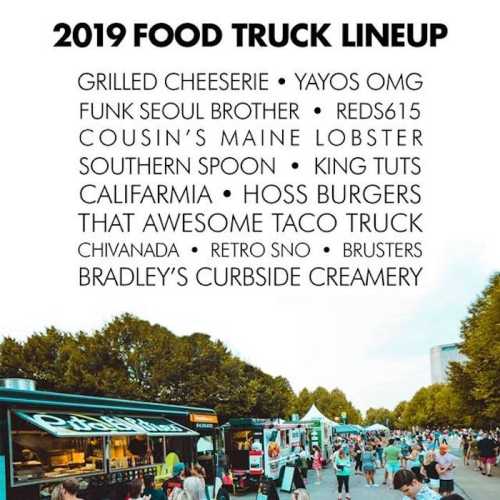 A lineup of food trucks for 2019, featuring various vendors like Grilled Cheeseerie and Cousin's Maine Lobster.