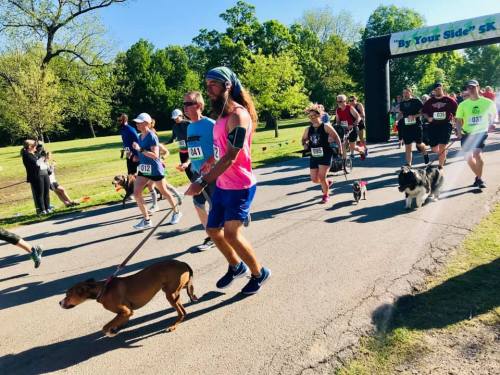 A group of runners, some with dogs, participate in a 5K race in a park on a sunny day.