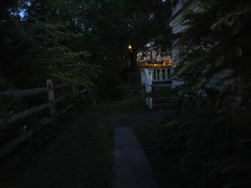 A dimly lit pathway beside a house, surrounded by trees and foliage, with a faint light in the distance.