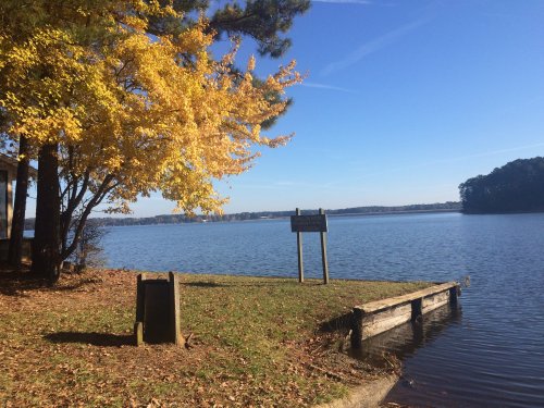 A serene lake view with autumn trees, a wooden dock, and a clear blue sky.