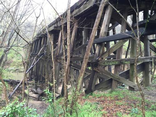 A weathered wooden bridge partially collapsed, surrounded by trees and overgrown vegetation near a creek.
