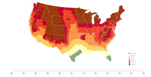 U.S. map showing varying temperature zones from cool to hot across different months, with a color gradient.