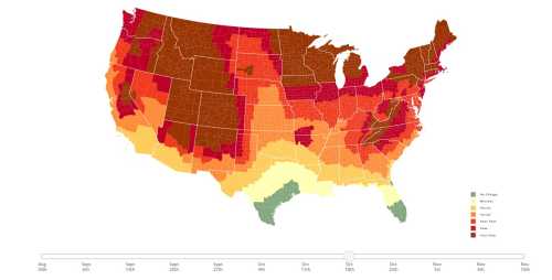 U.S. map showing varying temperature zones from cool to hot across different months, with a color gradient.