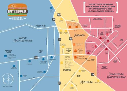 Map of Hattiesburg, highlighting the Burger Trail with locations in West Hattiesburg, Midtown, and Downtown.