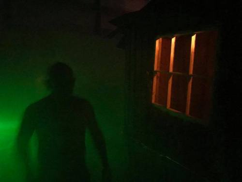 A shadowy figure approaches a dimly lit cabin window, surrounded by green mist.