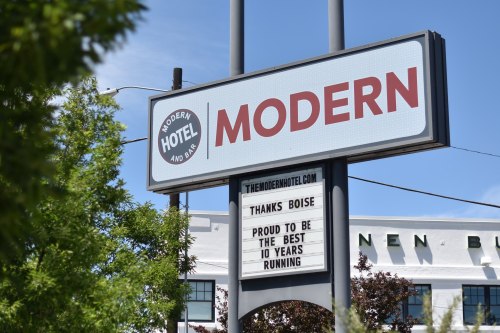 Sign for Modern Hotel and Bar, thanking Boise and celebrating 10 years of being the best.
