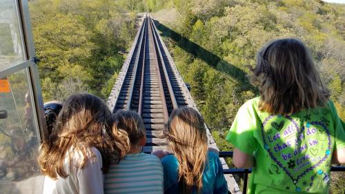 Four children stand on a train bridge, looking down the tracks surrounded by lush greenery.