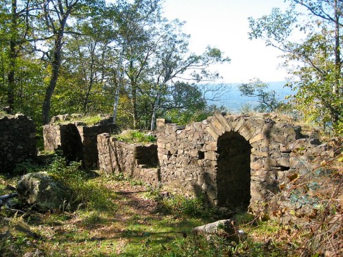 Ruins of stone structures surrounded by trees and greenery, with a distant view of mountains under a clear sky.