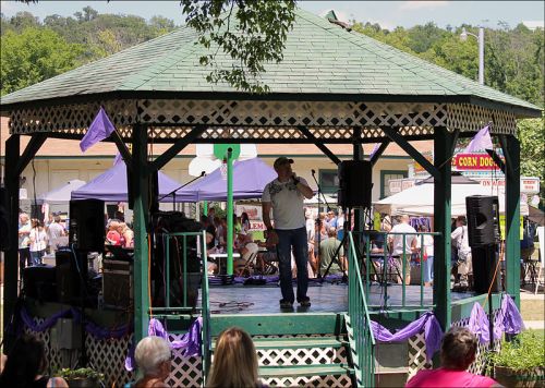 A performer sings on a gazebo stage at a lively outdoor event, with a crowd enjoying the festivities in the background.