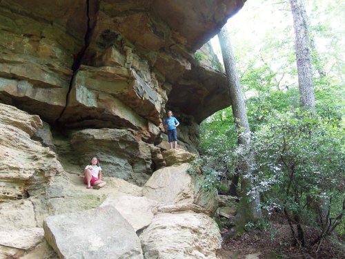 Two children explore a rocky area in a forest, one sitting on a rock and the other standing on a ledge above.