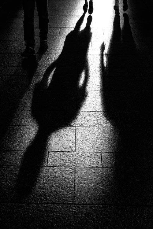 Silhouettes of people walking on a textured surface, casting long shadows in black and white.