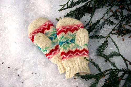 A pair of colorful knitted mittens resting on snow, surrounded by evergreen branches.