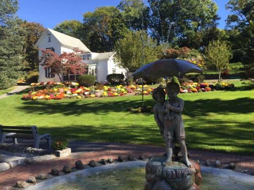 A garden with colorful flowers, a fountain featuring a statue of two children under an umbrella, and a house in the background.