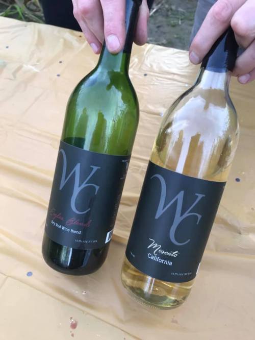 Two wine bottles held by hands: one red blend and one Moscato, both with elegant black labels.