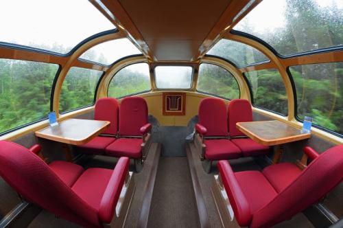 Interior of a train car featuring red seating and large windows, with rain on the glass and greenery outside.