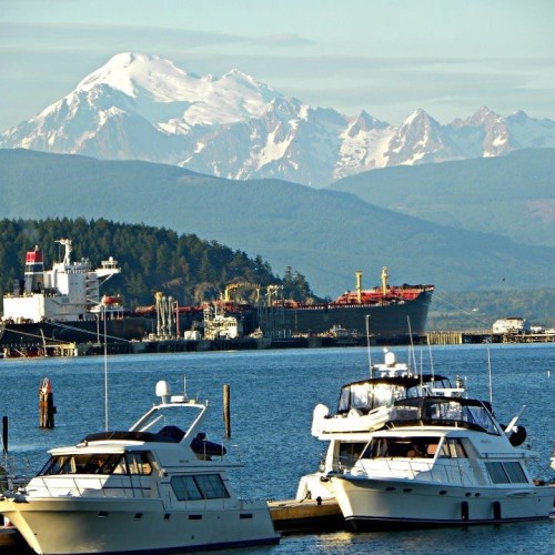 A scenic view of boats in a harbor with snow-capped mountains in the background under a clear blue sky.