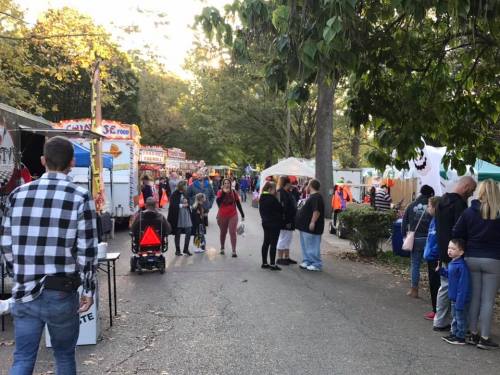 A bustling outdoor fair with food stalls, vendors, and crowds of people enjoying the festivities on a tree-lined path.