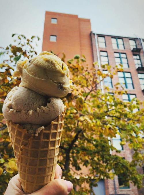 A hand holds a cone with two scoops of ice cream, set against a backdrop of a brick building and autumn trees.
