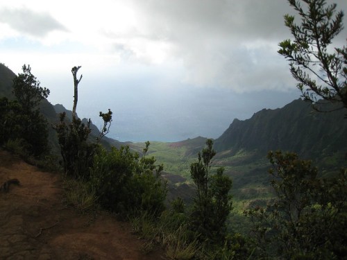 A scenic view of a lush valley surrounded by mountains under a cloudy sky.