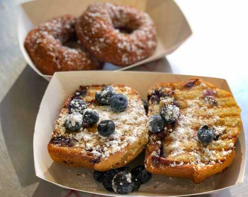 Two slices of grilled bread topped with blueberries and powdered sugar, with a plate of donuts in the background.