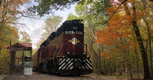 A vintage train in a forested area with colorful autumn leaves and a small shelter nearby.