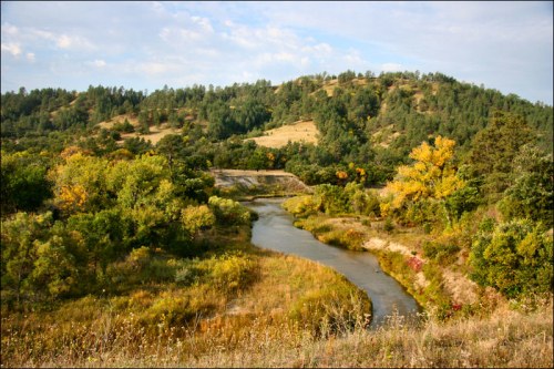A serene river flows through a lush landscape of trees and hills, showcasing vibrant autumn colors.