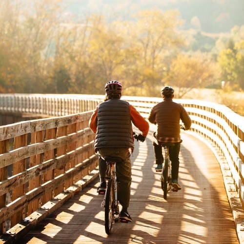 Two cyclists ride along a wooden path surrounded by autumn trees, bathed in warm sunlight.