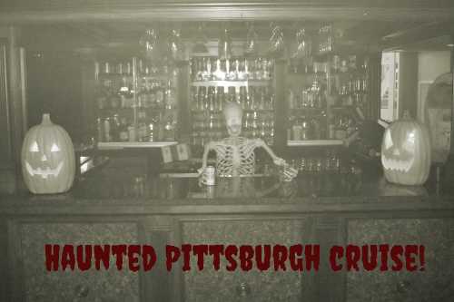 A skeleton sits at a bar between two carved pumpkins, with the text "Haunted Pittsburgh Cruise!" in spooky font.