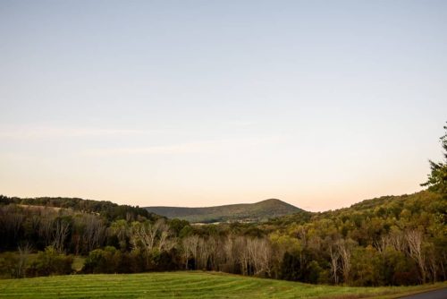 A serene landscape featuring rolling hills, trees, and a clear sky at dusk.