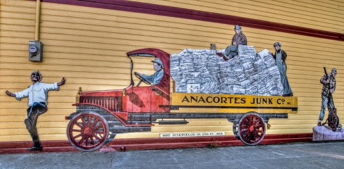 Mural of a vintage truck filled with junk, featuring people interacting around it, on a yellow wall.