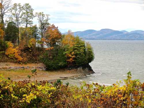 Scenic view of a shoreline with autumn trees, mountains in the background, and calm water under a cloudy sky.