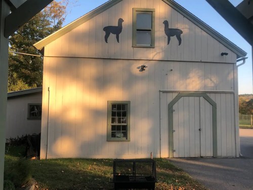 A white barn with green trim, featuring silhouettes of llamas on the upper wall and a small window.