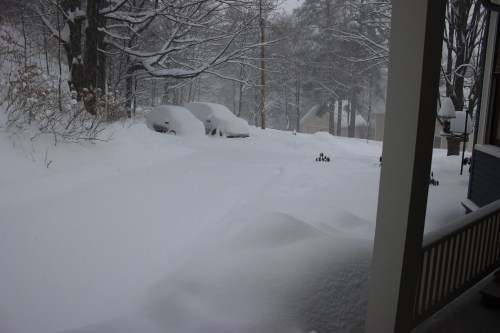 A snowy landscape with several cars partially buried in deep snow, surrounded by trees and a house in the background.