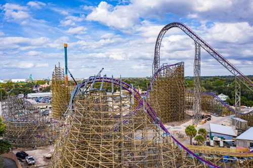 Aerial view of a theme park featuring wooden and steel roller coasters under a partly cloudy sky.