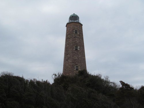 A tall lighthouse stands on a hill, surrounded by greenery, under a cloudy sky.