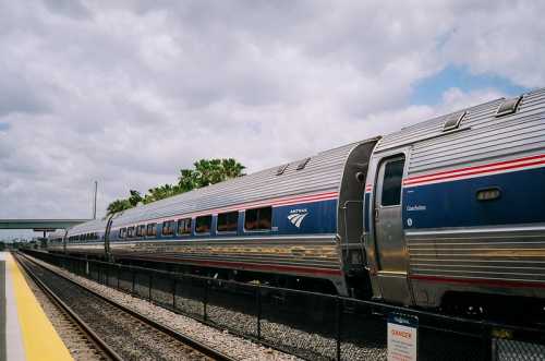 Amtrak train at a station, with a cloudy sky and palm trees in the background.