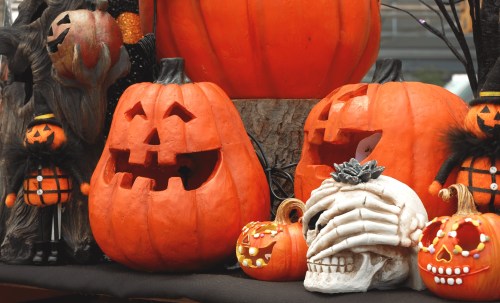 A display of carved pumpkins and a decorative skull, all in festive Halloween colors.