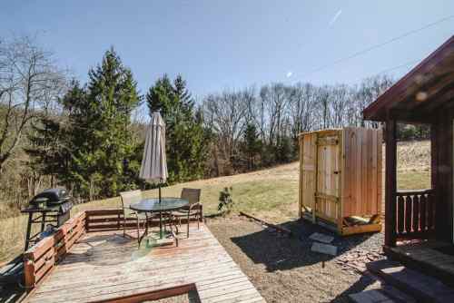 A wooden deck with a table and chairs, a grill, and a small shed, surrounded by trees and open grassland.