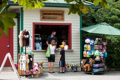 A small outdoor shop with a counter, where a woman and child are purchasing items, surrounded by colorful merchandise displays.