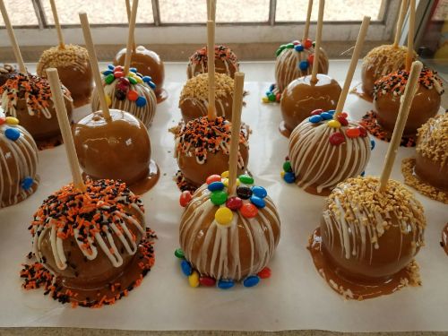 A variety of caramel apples topped with sprinkles, chocolate drizzle, and colorful candies on a white surface.