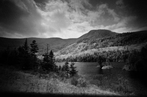 A black and white landscape featuring a serene lake surrounded by trees and mountains under a cloudy sky.