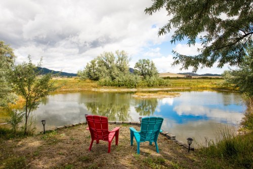 Two colorful chairs, one red and one teal, sit by a serene pond surrounded by trees and cloudy skies.