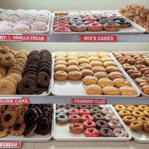 A display of assorted donuts and cakes, including vanilla cream, strawberry filled, and various glazed options.