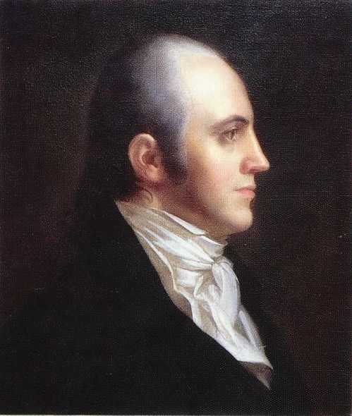 Profile portrait of a man in 18th-century attire, featuring a white cravat and dark coat, against a dark background.