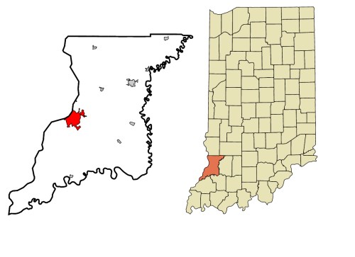 Map showing the location of a city in Indiana, highlighted in red, with surrounding counties in a lighter shade.