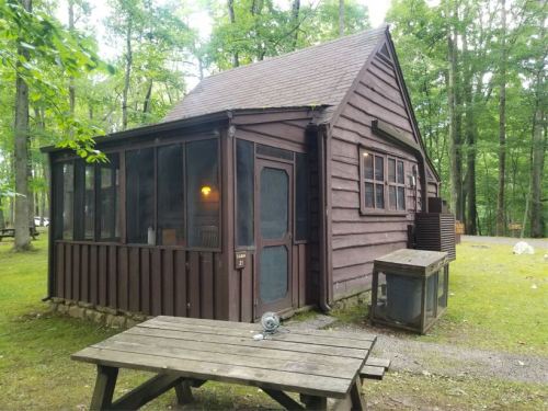 A rustic wooden cabin with a screened porch, surrounded by trees and a grassy area, featuring a picnic table nearby.